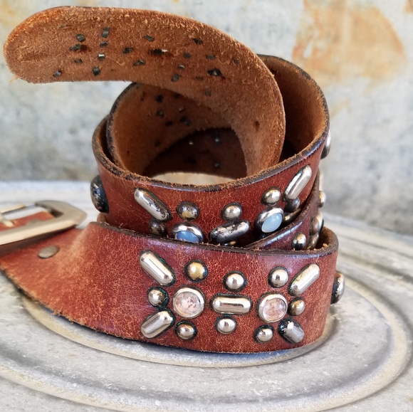 Vintage Studded Jeweled Western Leather Belt - Picture 3 of 8